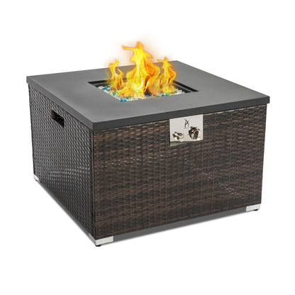 32" Outdoor Wicker Propane/Natural Gas Fire Pit Table,Square Gas Firepit with Painted Steel Tabletop
