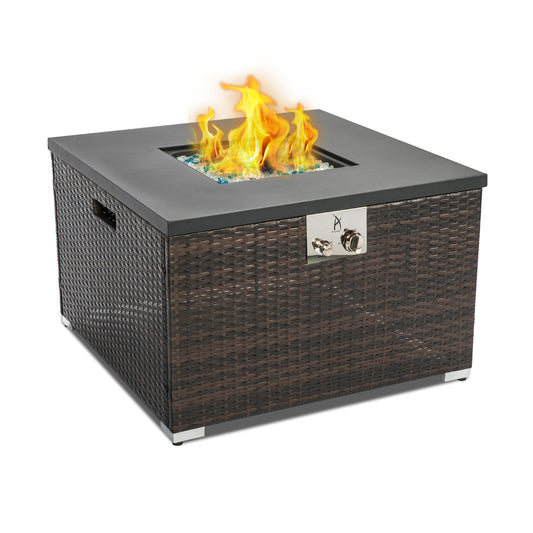 32" Outdoor Wicker Propane/Natural Gas Fire Pit Table,Square Gas Firepit with Painted Steel Tabletop